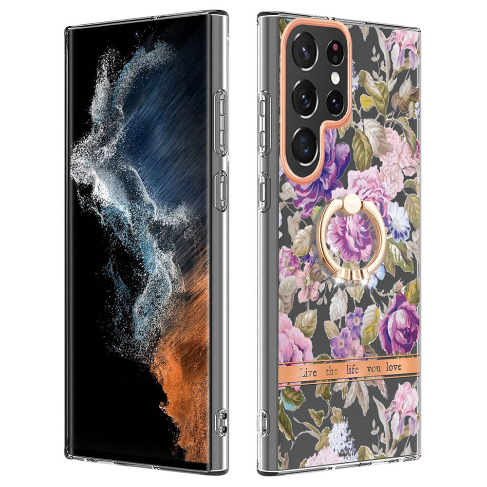 YB IMD-12 Series for Samsung Galaxy S23 Ultra Anti-scratch Flower Pattern IML IMD TPU Case Kickstand Electroplating Phone Cover