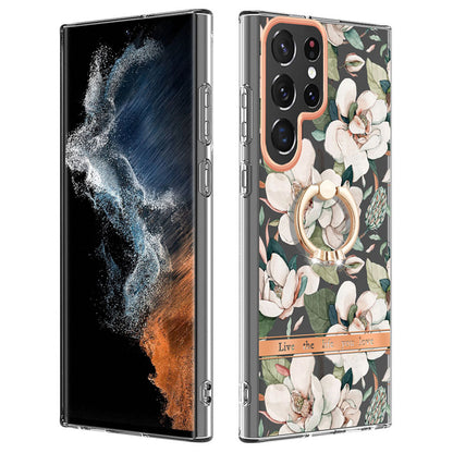 YB IMD-12 Series for Samsung Galaxy S23 Ultra Anti-scratch Flower Pattern IML IMD TPU Case Kickstand Electroplating Phone Cover