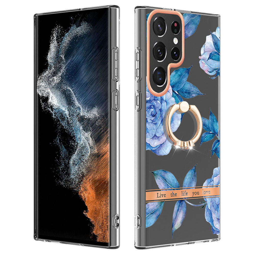 YB IMD-12 Series for Samsung Galaxy S23 Ultra Anti-scratch Flower Pattern IML IMD TPU Case Kickstand Electroplating Phone Cover