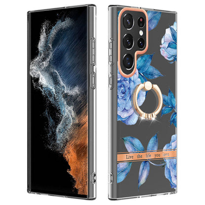 YB IMD-12 Series for Samsung Galaxy S23 Ultra Anti-scratch Flower Pattern IML IMD TPU Case Kickstand Electroplating Phone Cover