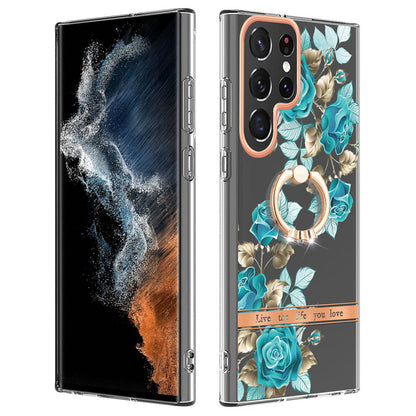 YB IMD-12 Series for Samsung Galaxy S23 Ultra Anti-scratch Flower Pattern IML IMD TPU Case Kickstand Electroplating Phone Cover