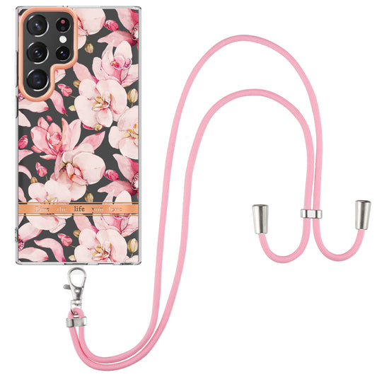 YB IMD-11 Series for Samsung Galaxy S23 Ultra 5G Flower Pattern IMD IML TPU Phone Case Electroplating Drop-proof Back Cover with Lanyard