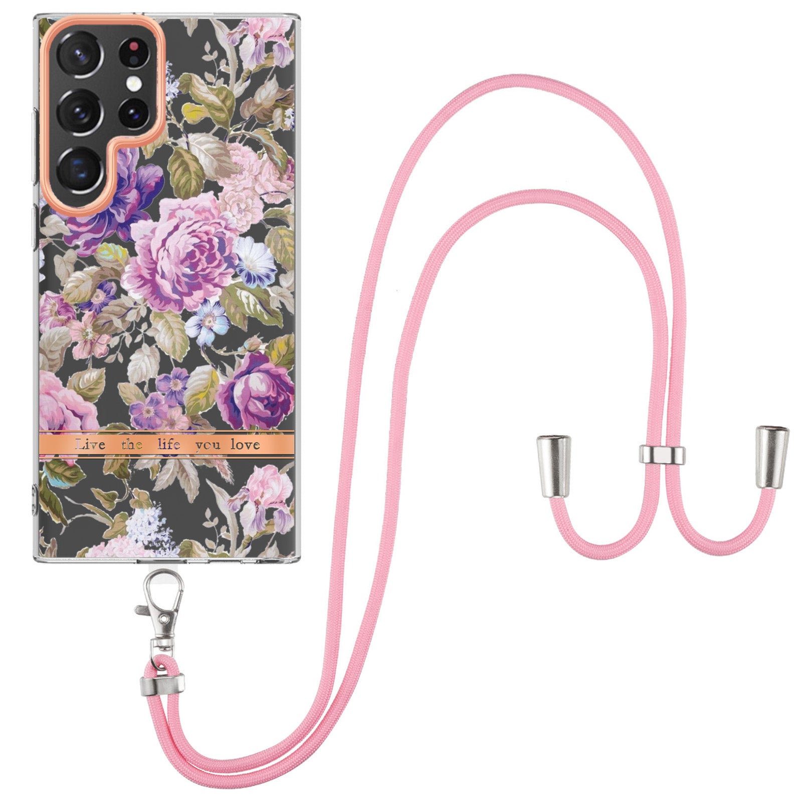 YB IMD-11 Series for Samsung Galaxy S23 Ultra 5G Flower Pattern IMD IML TPU Phone Case Electroplating Drop-proof Back Cover with Lanyard