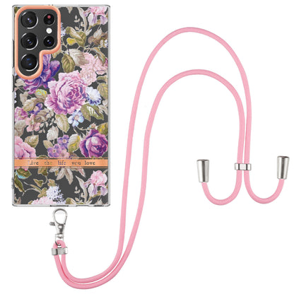 YB IMD-11 Series for Samsung Galaxy S23 Ultra 5G Flower Pattern IMD IML TPU Phone Case Electroplating Drop-proof Back Cover with Lanyard
