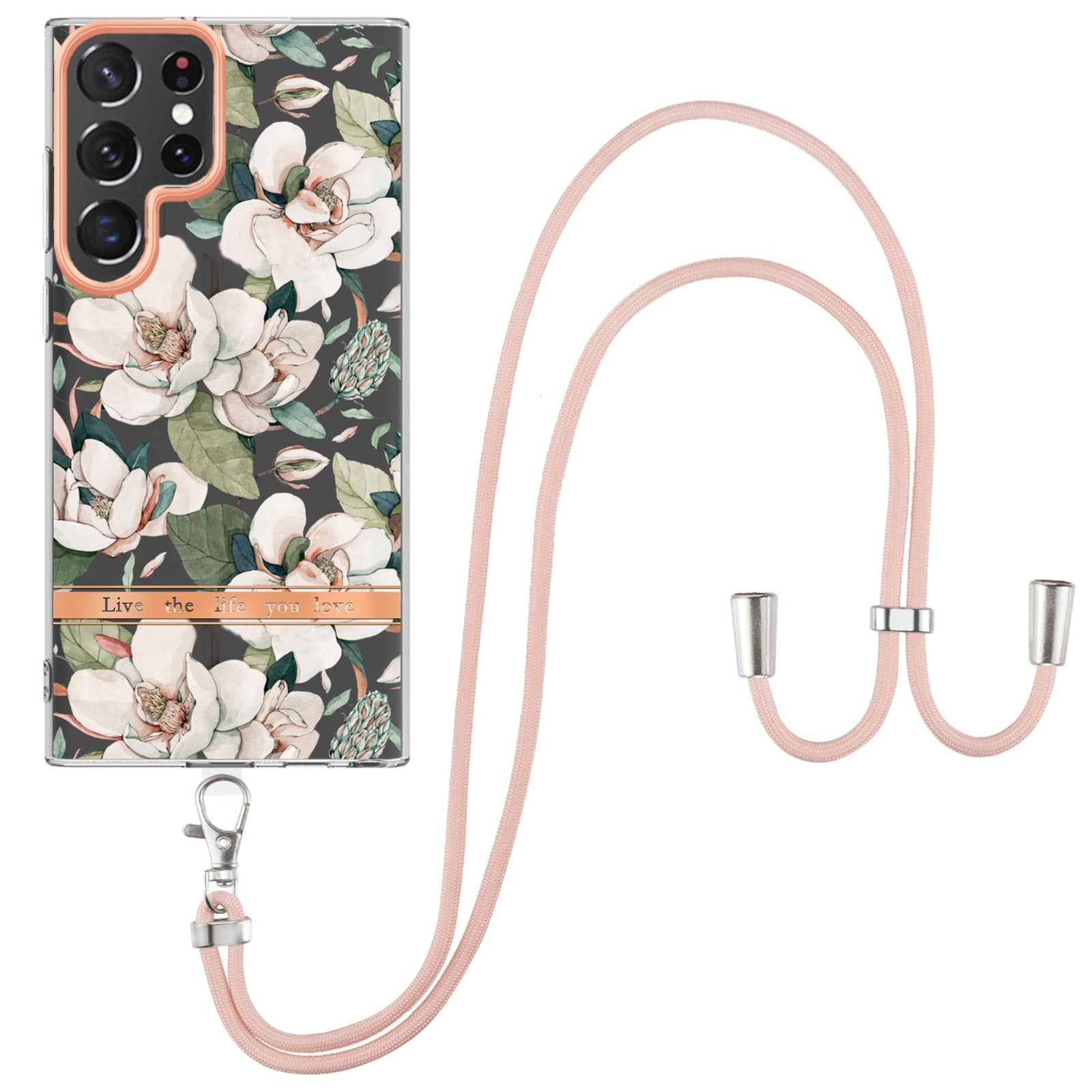 YB IMD-11 Series for Samsung Galaxy S23 Ultra 5G Flower Pattern IMD IML TPU Phone Case Electroplating Drop-proof Back Cover with Lanyard