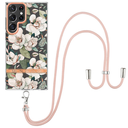 YB IMD-11 Series for Samsung Galaxy S23 Ultra 5G Flower Pattern IMD IML TPU Phone Case Electroplating Drop-proof Back Cover with Lanyard