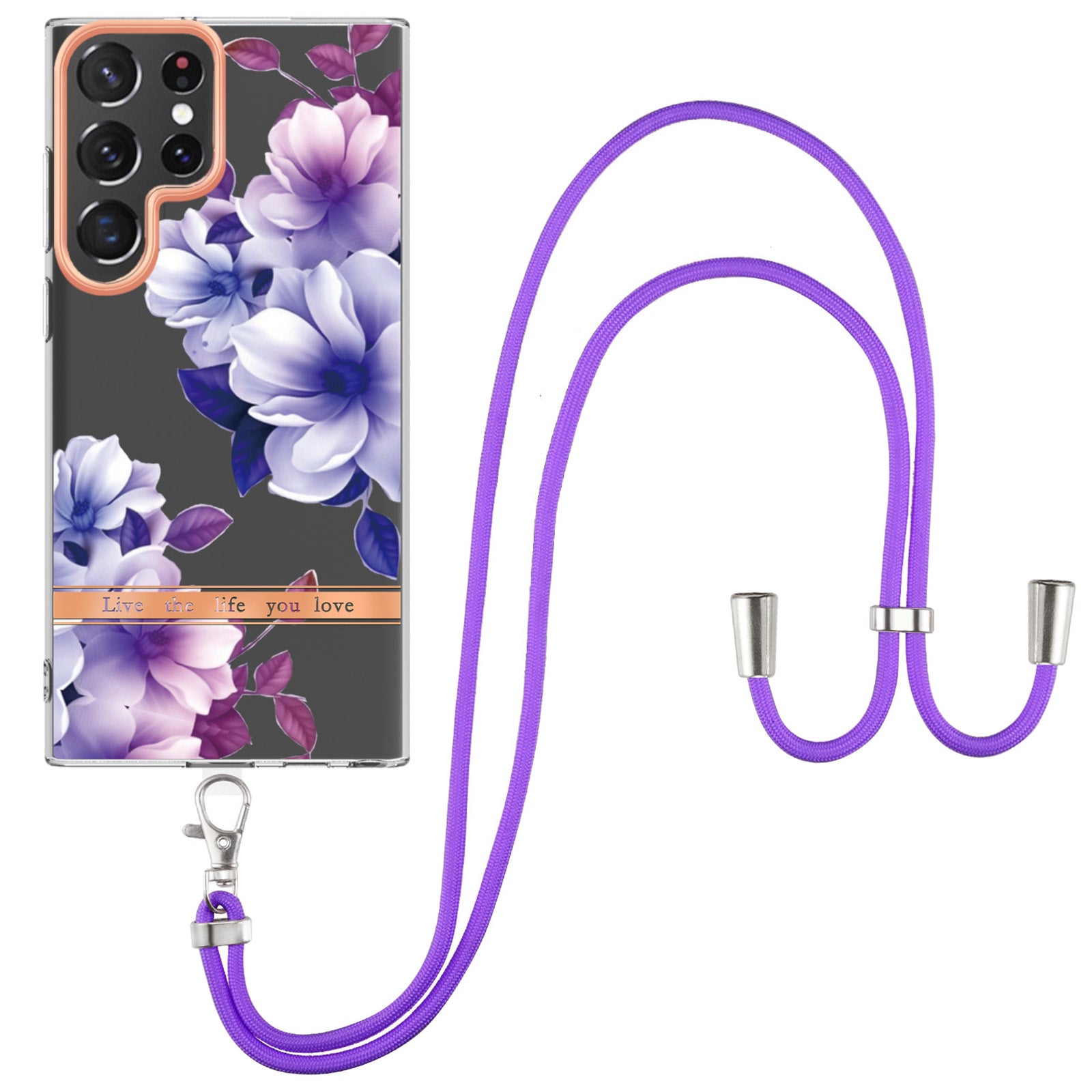 YB IMD-11 Series for Samsung Galaxy S23 Ultra 5G Flower Pattern IMD IML TPU Phone Case Electroplating Drop-proof Back Cover with Lanyard