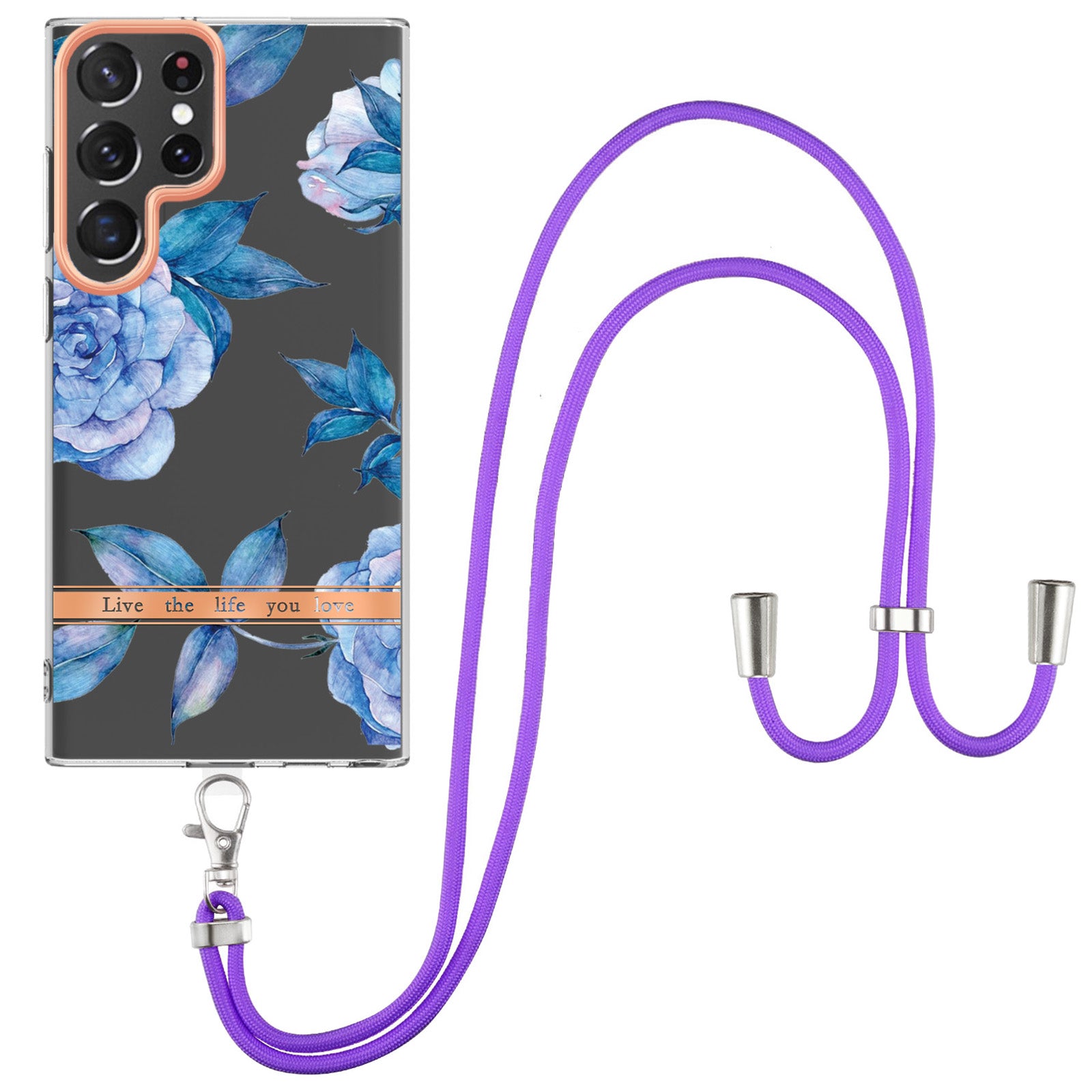YB IMD-11 Series for Samsung Galaxy S23 Ultra 5G Flower Pattern IMD IML TPU Phone Case Electroplating Drop-proof Back Cover with Lanyard