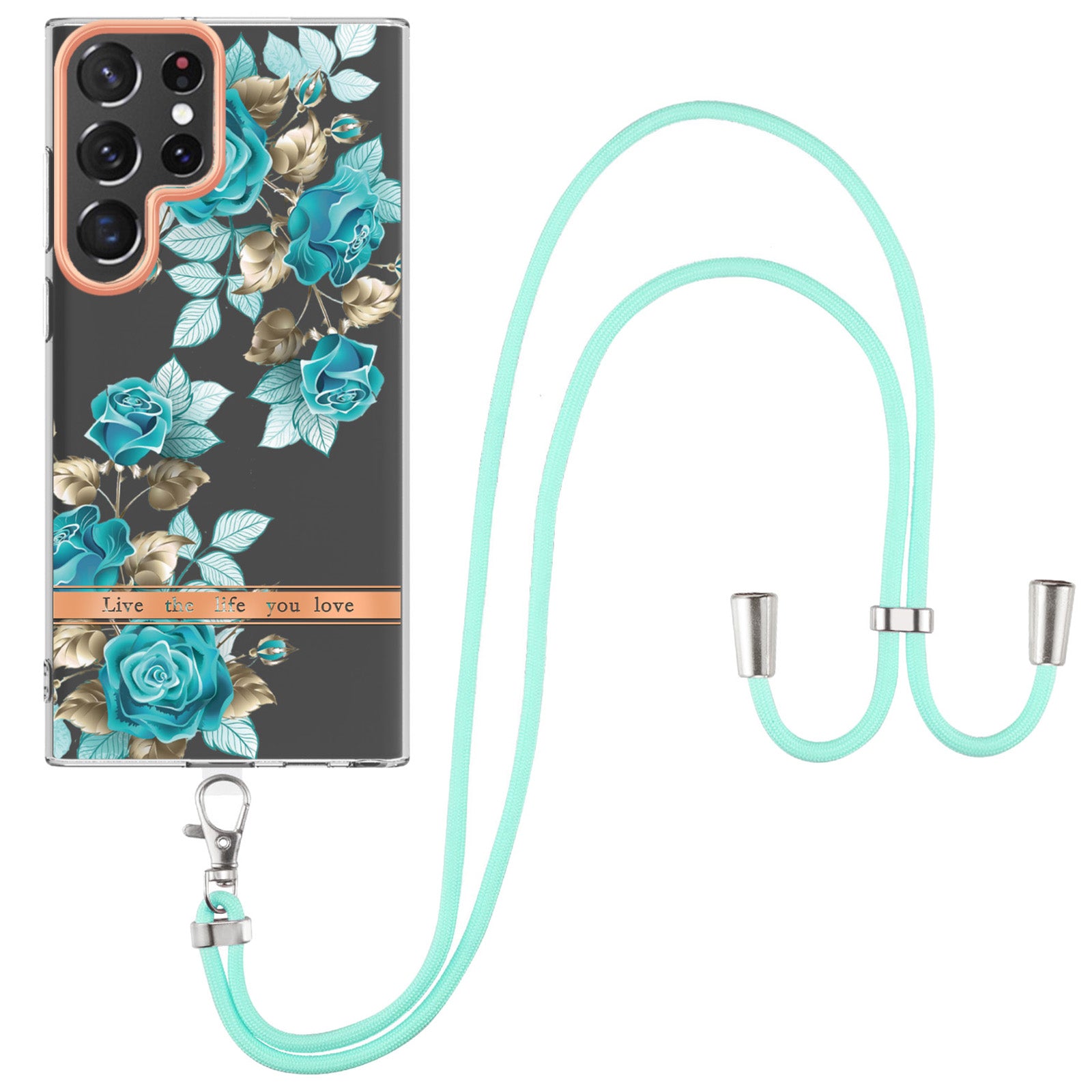 YB IMD-11 Series for Samsung Galaxy S23 Ultra 5G Flower Pattern IMD IML TPU Phone Case Electroplating Drop-proof Back Cover with Lanyard