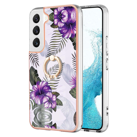 YB IMD Series-6 For Samsung Galaxy S23 Marble Pattern Ring Kickstand Cover Electroplated Frame Soft TPU IMD Shockproof Phone Case