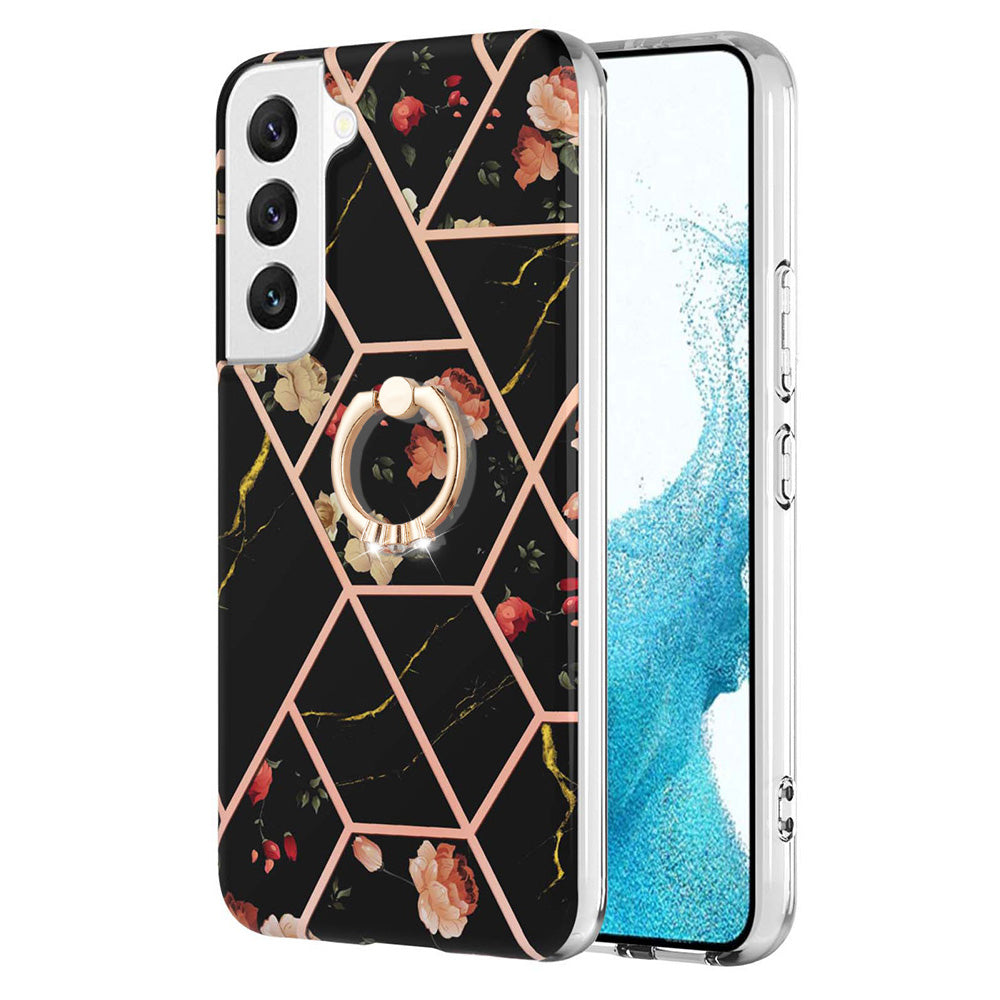 YB IMD Series-6 For Samsung Galaxy S23 Marble Pattern Ring Kickstand Cover Electroplated Frame Soft TPU IMD Shockproof Phone Case