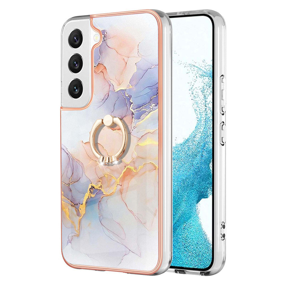 YB IMD Series-6 For Samsung Galaxy S23 Marble Pattern Ring Kickstand Cover Electroplated Frame Soft TPU IMD Shockproof Phone Case