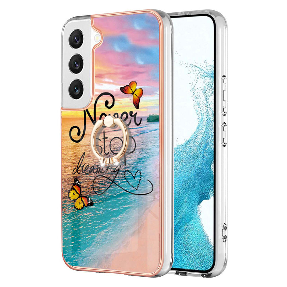 YB IMD Series-6 For Samsung Galaxy S23 Marble Pattern Ring Kickstand Cover Electroplated Frame Soft TPU IMD Shockproof Phone Case
