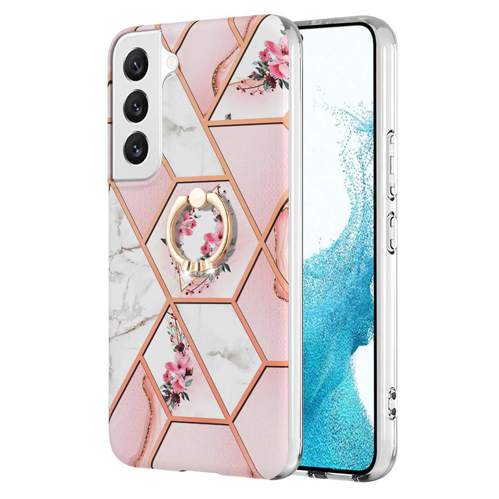 YB IMD Series-6 For Samsung Galaxy S23 Marble Pattern Ring Kickstand Cover Electroplated Frame Soft TPU IMD Shockproof Phone Case