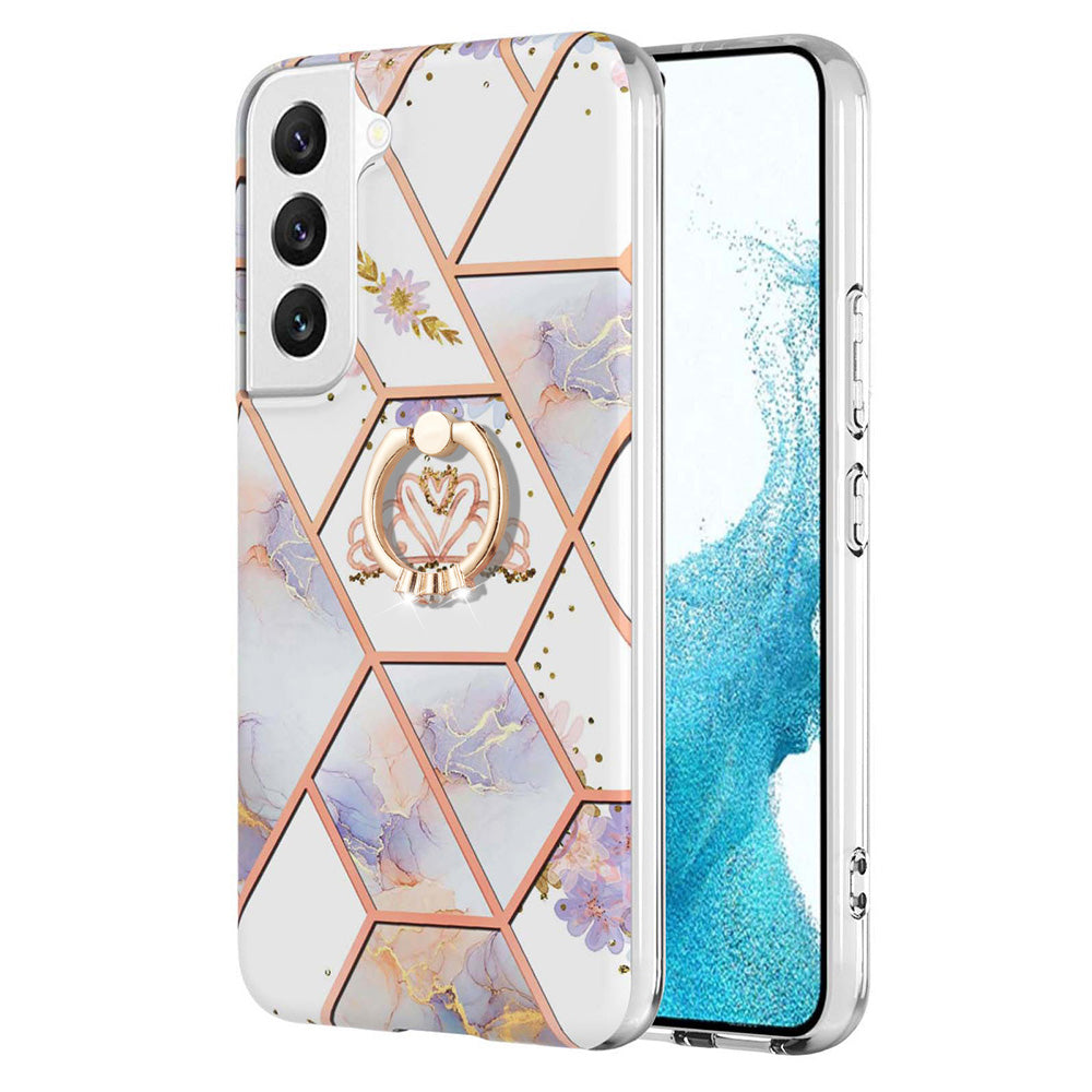 YB IMD Series-6 For Samsung Galaxy S23 Marble Pattern Ring Kickstand Cover Electroplated Frame Soft TPU IMD Shockproof Phone Case