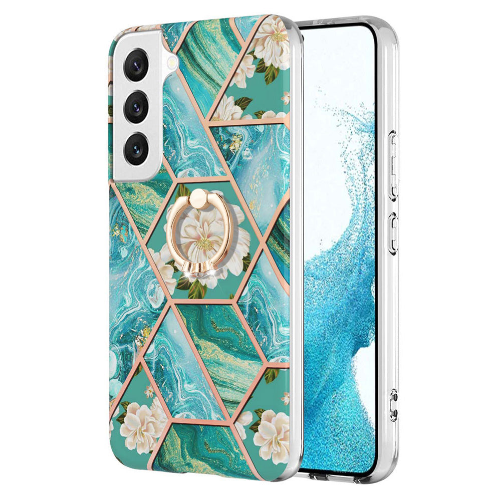 YB IMD Series-6 For Samsung Galaxy S23 Marble Pattern Ring Kickstand Cover Electroplated Frame Soft TPU IMD Shockproof Phone Case
