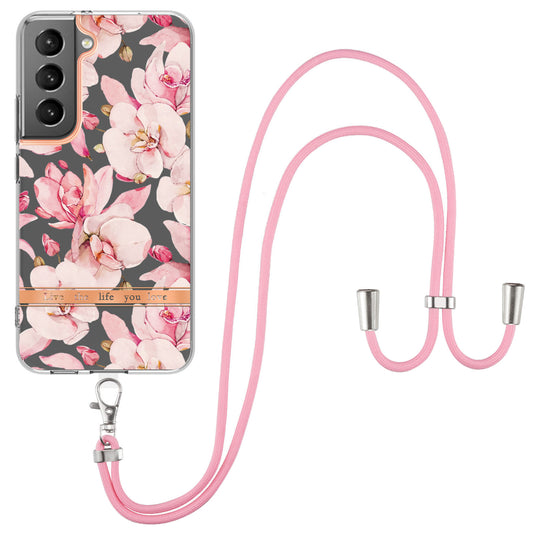 YB IMD-11 Series for Samsung Galaxy S23 5G IMD IML Electroplating Soft TPU Phone Case Flower Pattern Anti-scratch Anti-drop Cover with Lanyard