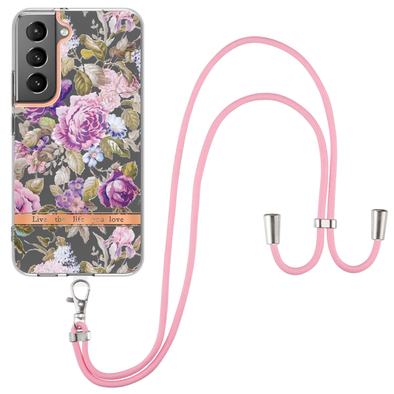 YB IMD-11 Series for Samsung Galaxy S23 Plus 5G Flower Pattern IMD IML Electroplating TPU Case Anti-scratch Anti-drop Phone Back Cover with Lanyard