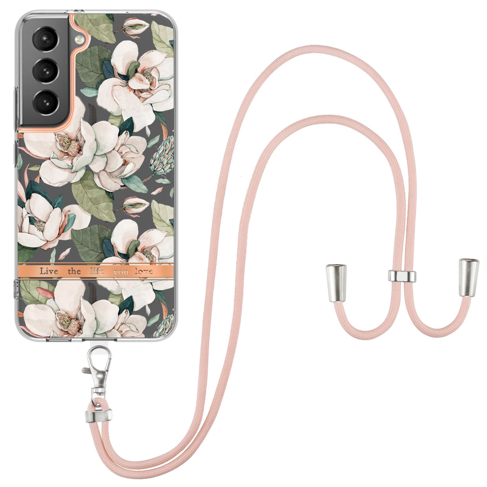 YB IMD-11 Series for Samsung Galaxy S23 Plus 5G Flower Pattern IMD IML Electroplating TPU Case Anti-scratch Anti-drop Phone Back Cover with Lanyard
