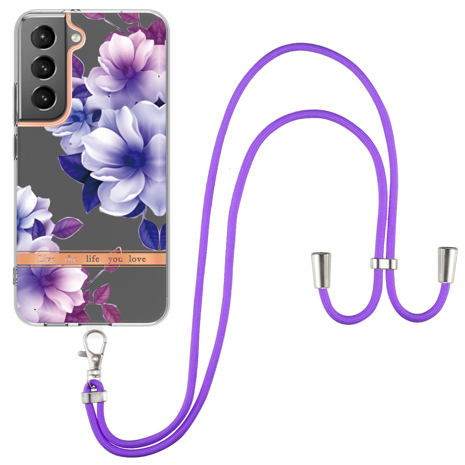 YB IMD-11 Series for Samsung Galaxy S23 Plus 5G Flower Pattern IMD IML Electroplating TPU Case Anti-scratch Anti-drop Phone Back Cover with Lanyard