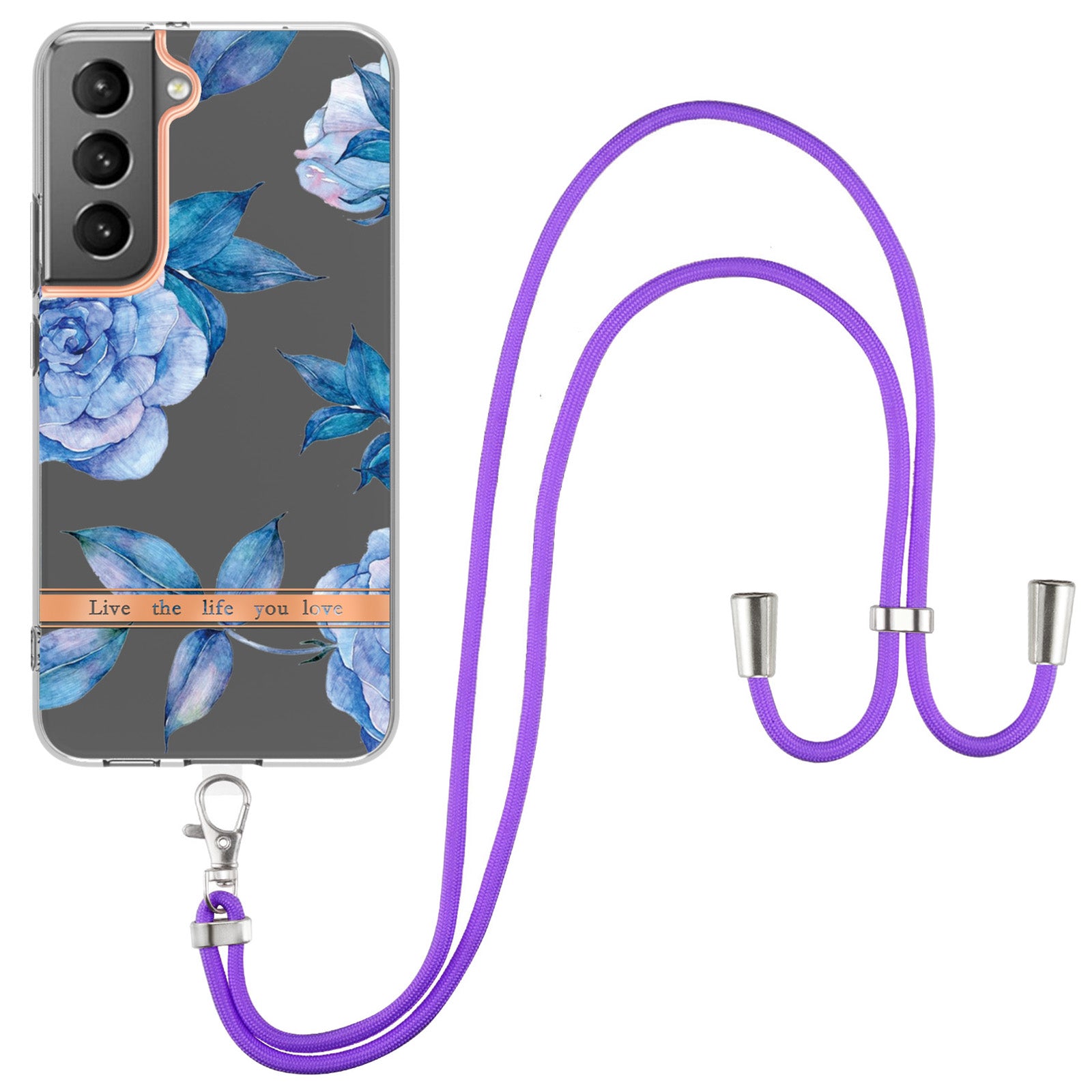 YB IMD-11 Series for Samsung Galaxy S23 Plus 5G Flower Pattern IMD IML Electroplating TPU Case Anti-scratch Anti-drop Phone Back Cover with Lanyard