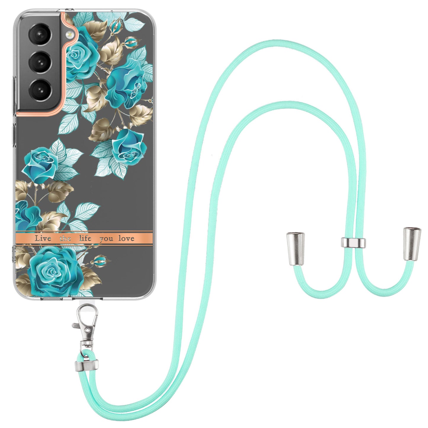 YB IMD-11 Series for Samsung Galaxy S23 Plus 5G Flower Pattern IMD IML Electroplating TPU Case Anti-scratch Anti-drop Phone Back Cover with Lanyard