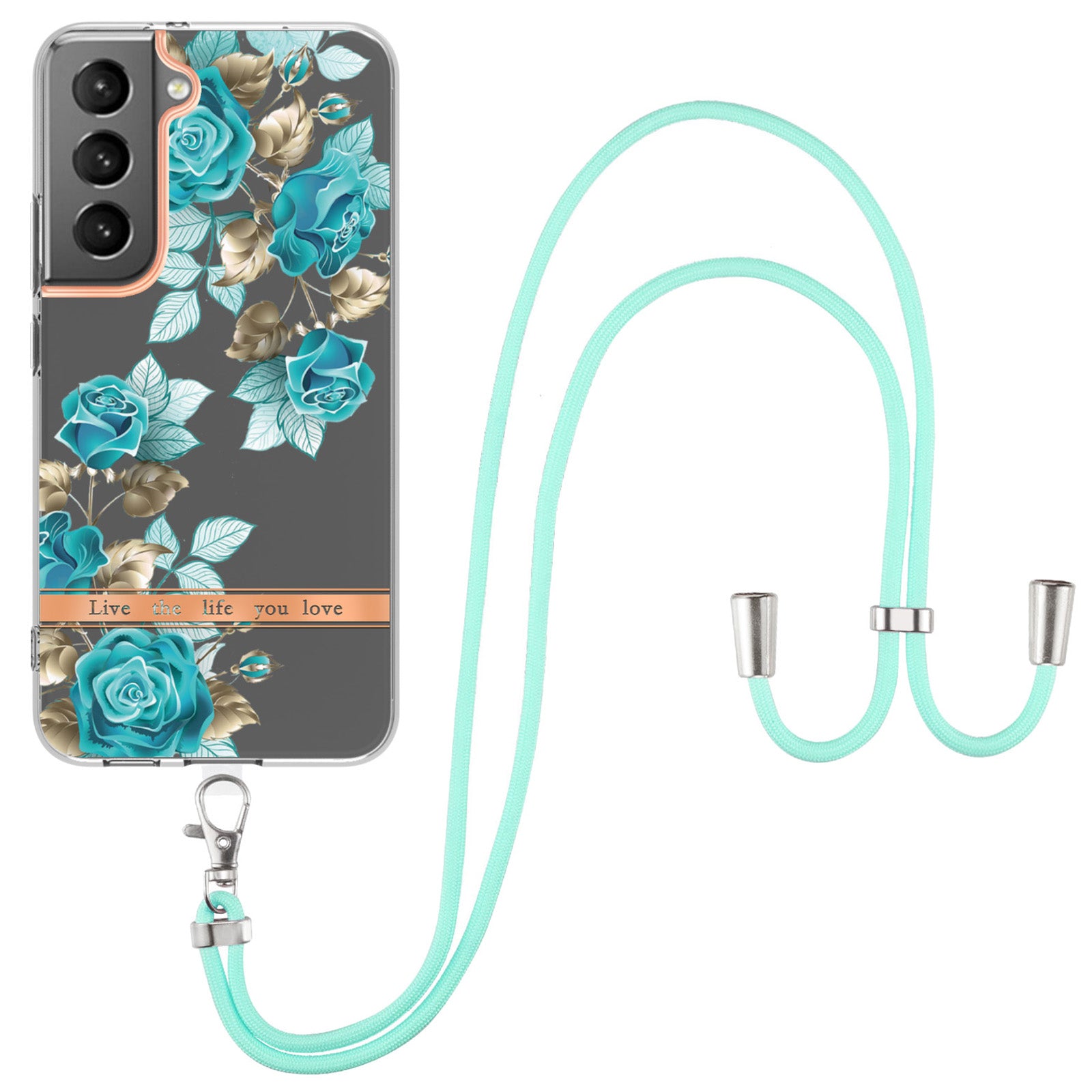 YB IMD-11 Series for Samsung Galaxy S23 Plus 5G Flower Pattern IMD IML Electroplating TPU Case Anti-scratch Anti-drop Phone Back Cover with Lanyard