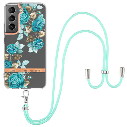 YB IMD-11 Series for Samsung Galaxy S23 Plus 5G Flower Pattern IMD IML Electroplating TPU Case Anti-scratch Anti-drop Phone Back Cover with Lanyard