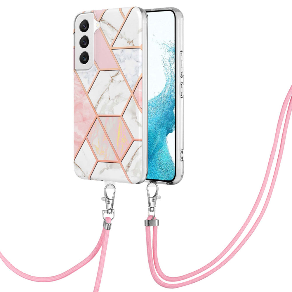 YB IMD Series-5 Phone Cover for Samsung Galaxy S23, IML Electroplating Splicing Marble Pattern Drop-proof TPU Phone Case with Lanyard