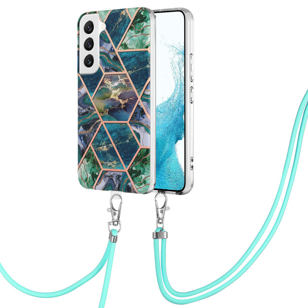 YB IMD Series-5 Phone Cover for Samsung Galaxy S23, IML Electroplating Splicing Marble Pattern Drop-proof TPU Phone Case with Lanyard