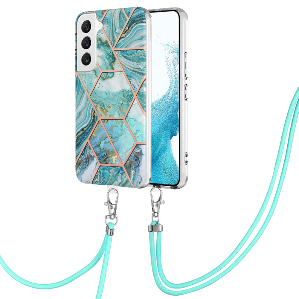 YB IMD Series-5 Phone Cover for Samsung Galaxy S23, IML Electroplating Splicing Marble Pattern Drop-proof TPU Phone Case with Lanyard