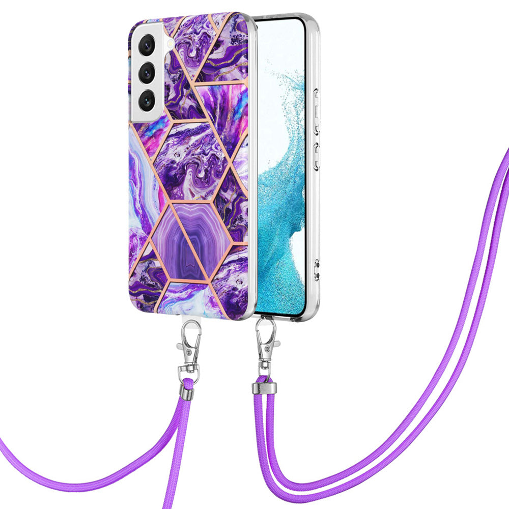 YB IMD Series-5 for Samsung Galaxy S23 Plus IML Electroplating Splicing Marble Pattern TPU Phone Case Scratch-resistant Back Cover with Lanyard