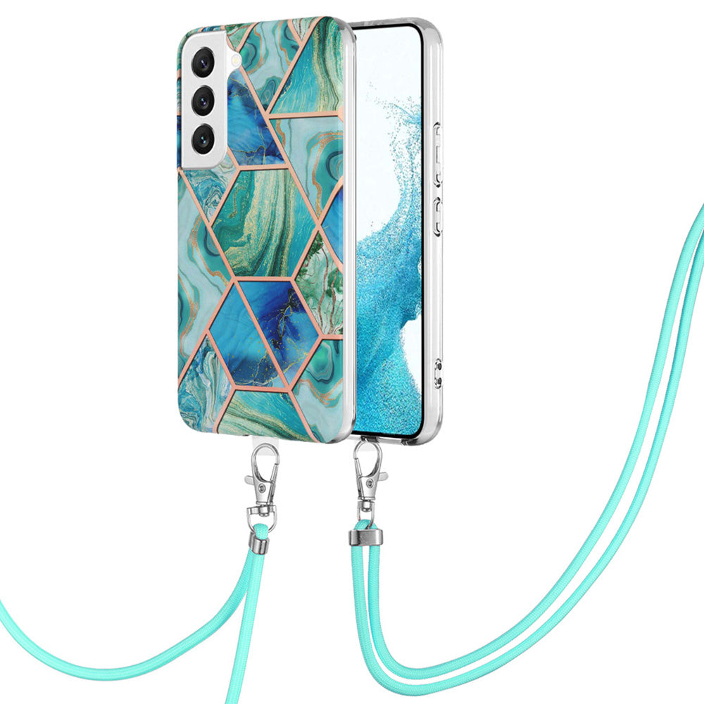 YB IMD Series-5 for Samsung Galaxy S23 Plus IML Electroplating Splicing Marble Pattern TPU Phone Case Scratch-resistant Back Cover with Lanyard