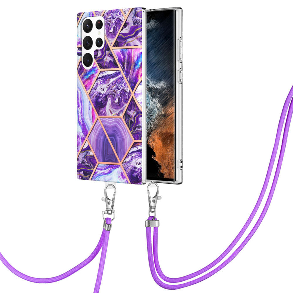 YB IMD Series-5 for Samsung Galaxy S23 Ultra Non-slip Anti-fall Back Cover IML Electroplating Splicing Marble Pattern TPU Phone Case with Lanyard