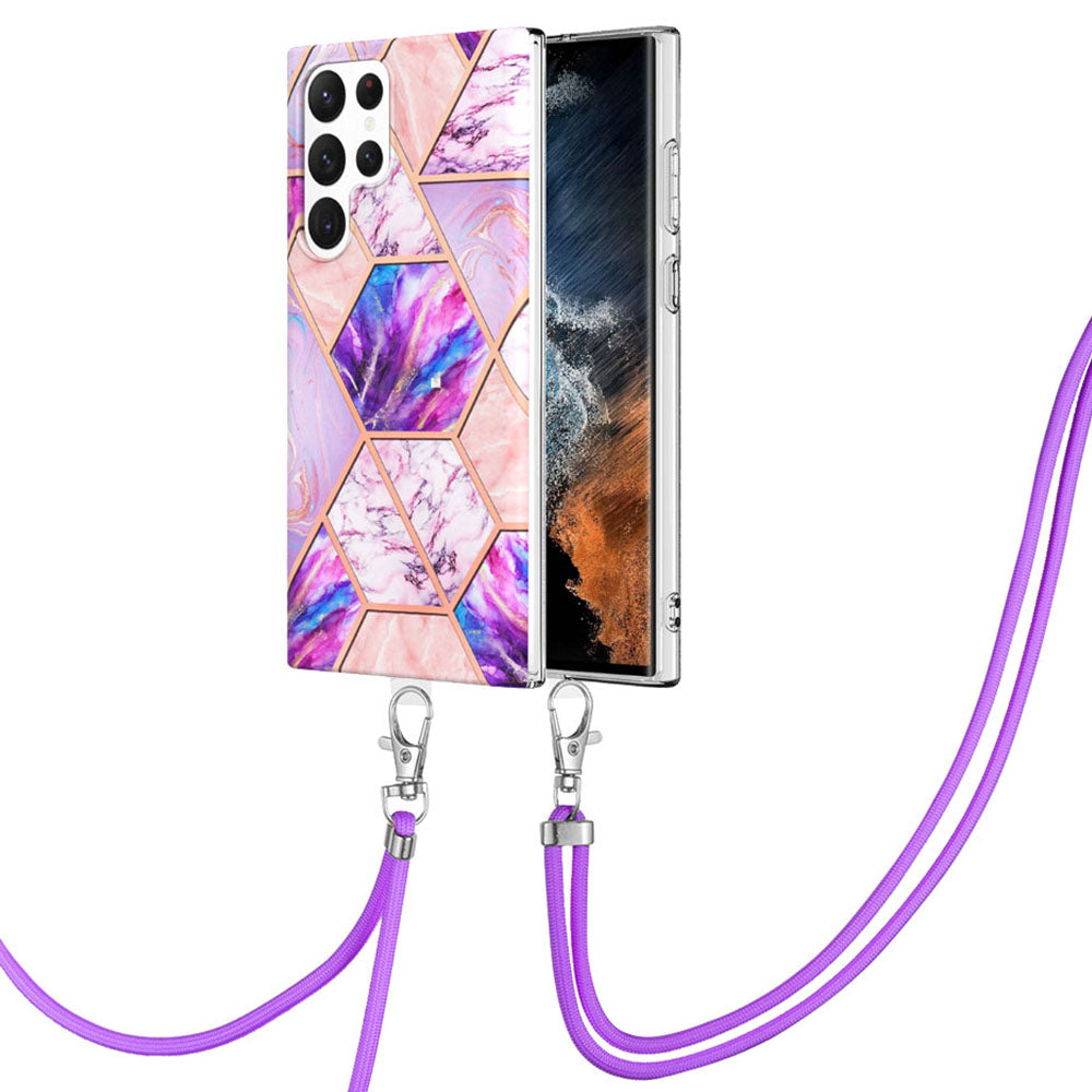 YB IMD Series-5 for Samsung Galaxy S23 Ultra Non-slip Anti-fall Back Cover IML Electroplating Splicing Marble Pattern TPU Phone Case with Lanyard
