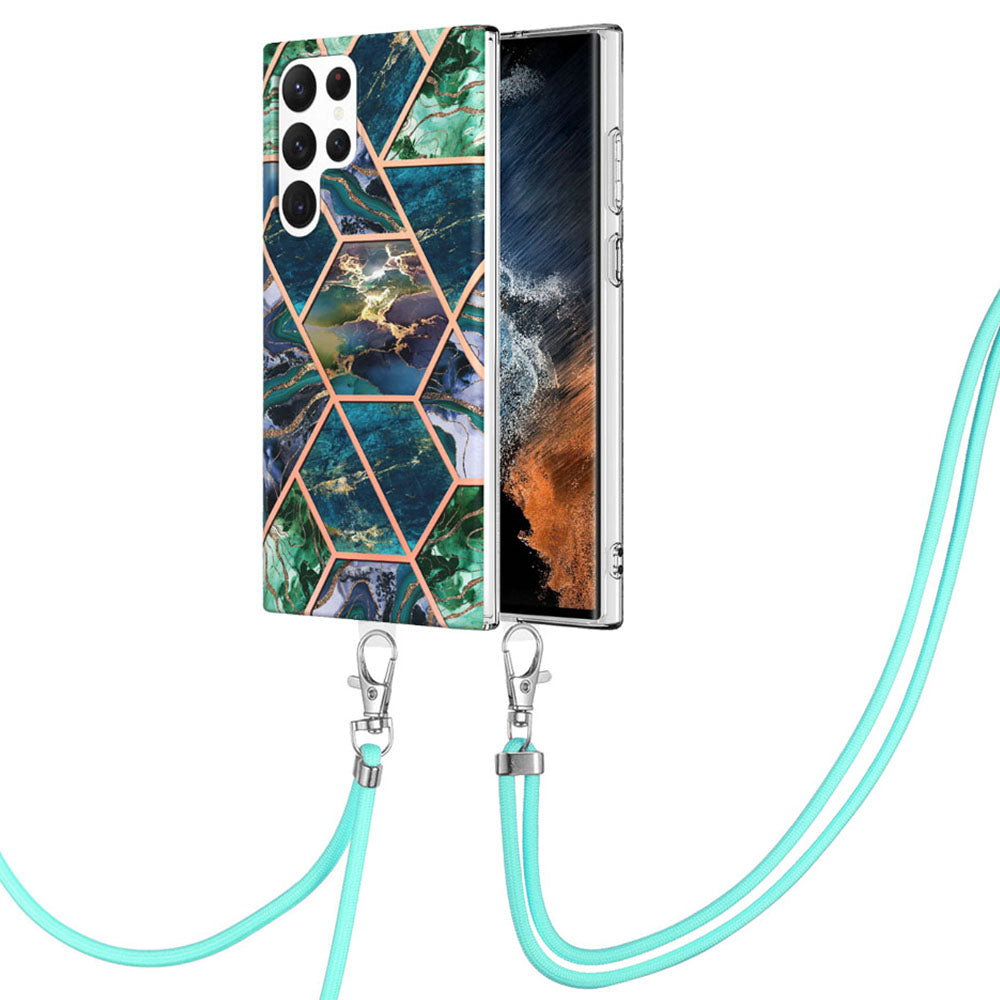 YB IMD Series-5 for Samsung Galaxy S23 Ultra Non-slip Anti-fall Back Cover IML Electroplating Splicing Marble Pattern TPU Phone Case with Lanyard