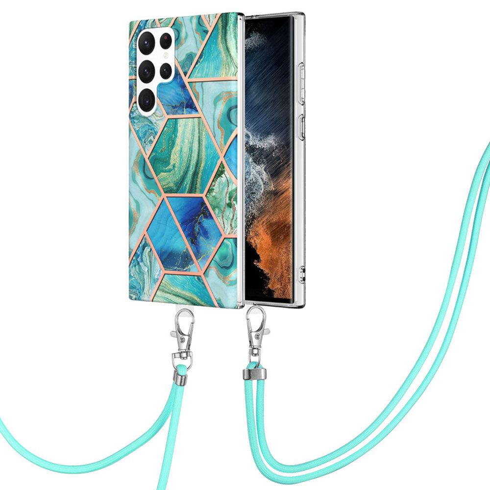 YB IMD Series-5 for Samsung Galaxy S23 Ultra Non-slip Anti-fall Back Cover IML Electroplating Splicing Marble Pattern TPU Phone Case with Lanyard