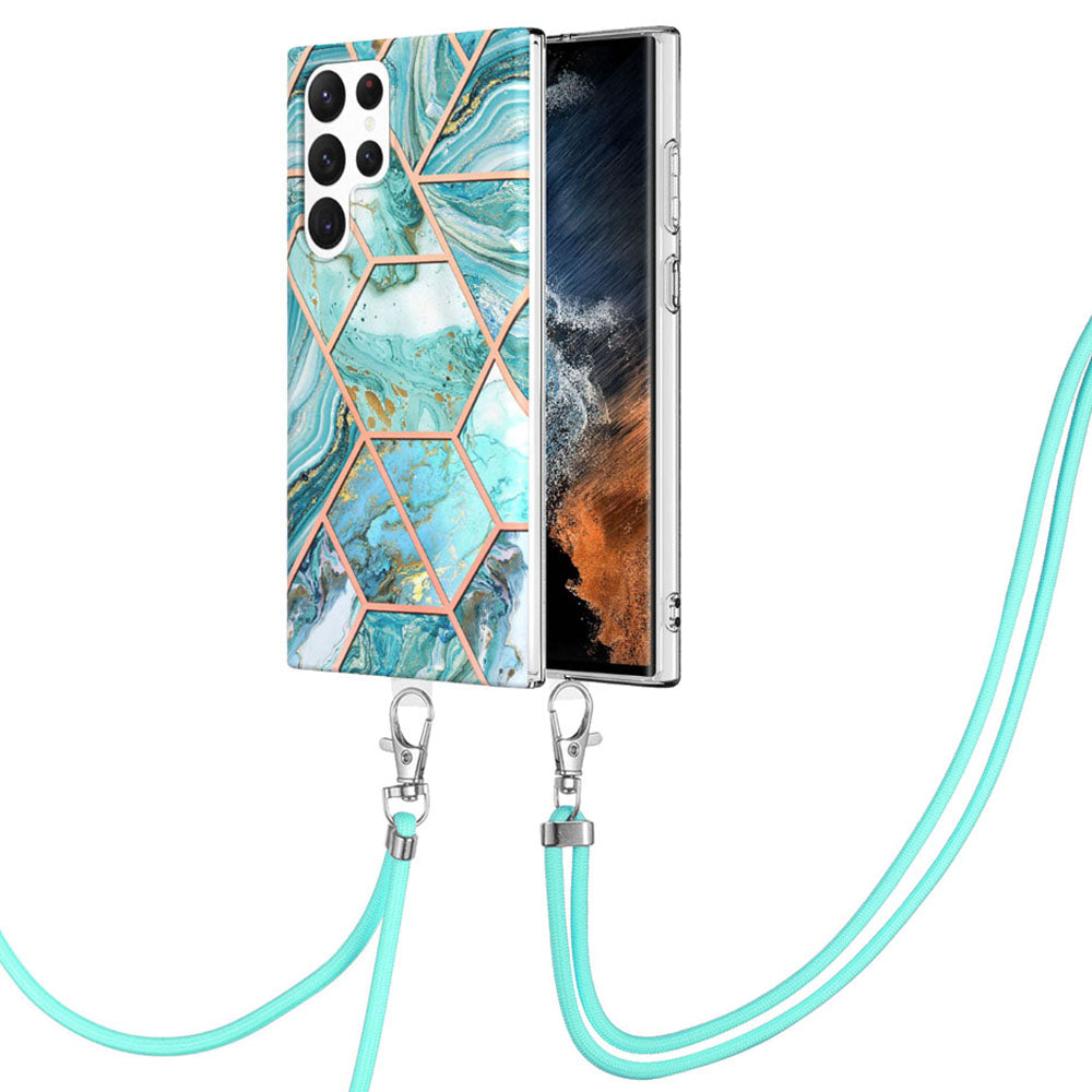YB IMD Series-5 for Samsung Galaxy S23 Ultra Non-slip Anti-fall Back Cover IML Electroplating Splicing Marble Pattern TPU Phone Case with Lanyard