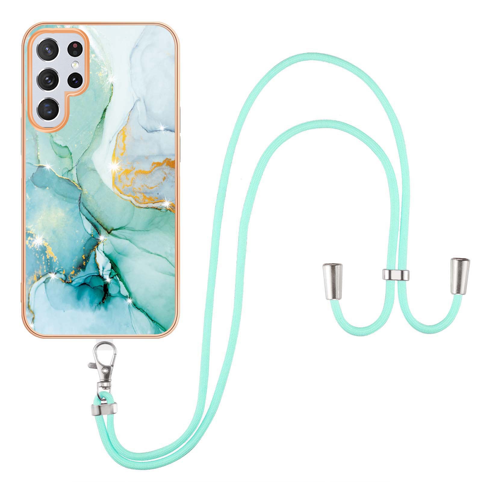 YB IMD Series-9 TPU Cell Phone Case For Samsung Galaxy S23 Ultra Marble Pattern Electroplating Frame IMD Anti-scratch Back Cover with Lanyard