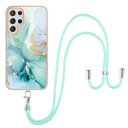 YB IMD Series-9 TPU Cell Phone Case For Samsung Galaxy S23 Ultra Marble Pattern Electroplating Frame IMD Anti-scratch Back Cover with Lanyard