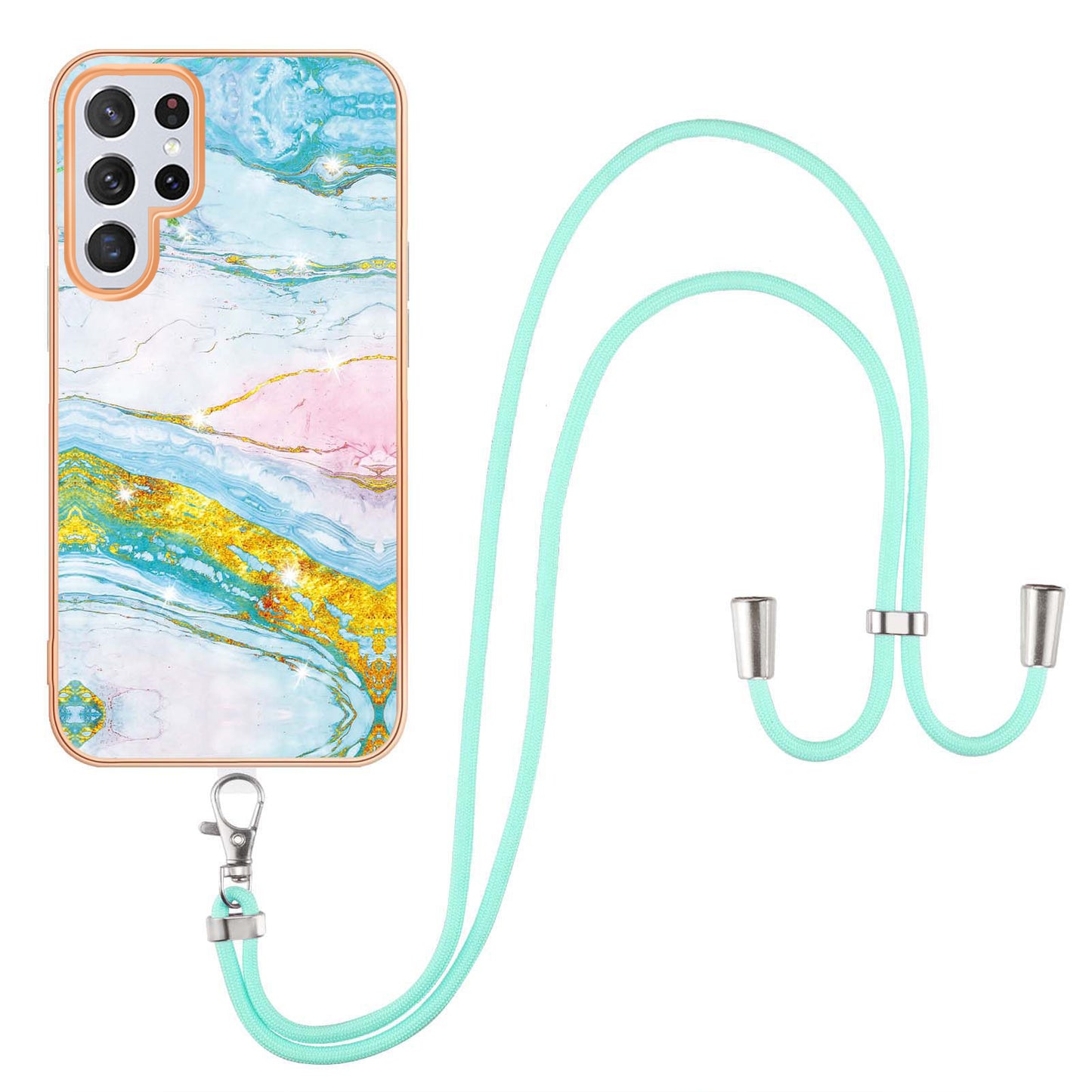 YB IMD Series-9 TPU Cell Phone Case For Samsung Galaxy S23 Ultra Marble Pattern Electroplating Frame IMD Anti-scratch Back Cover with Lanyard