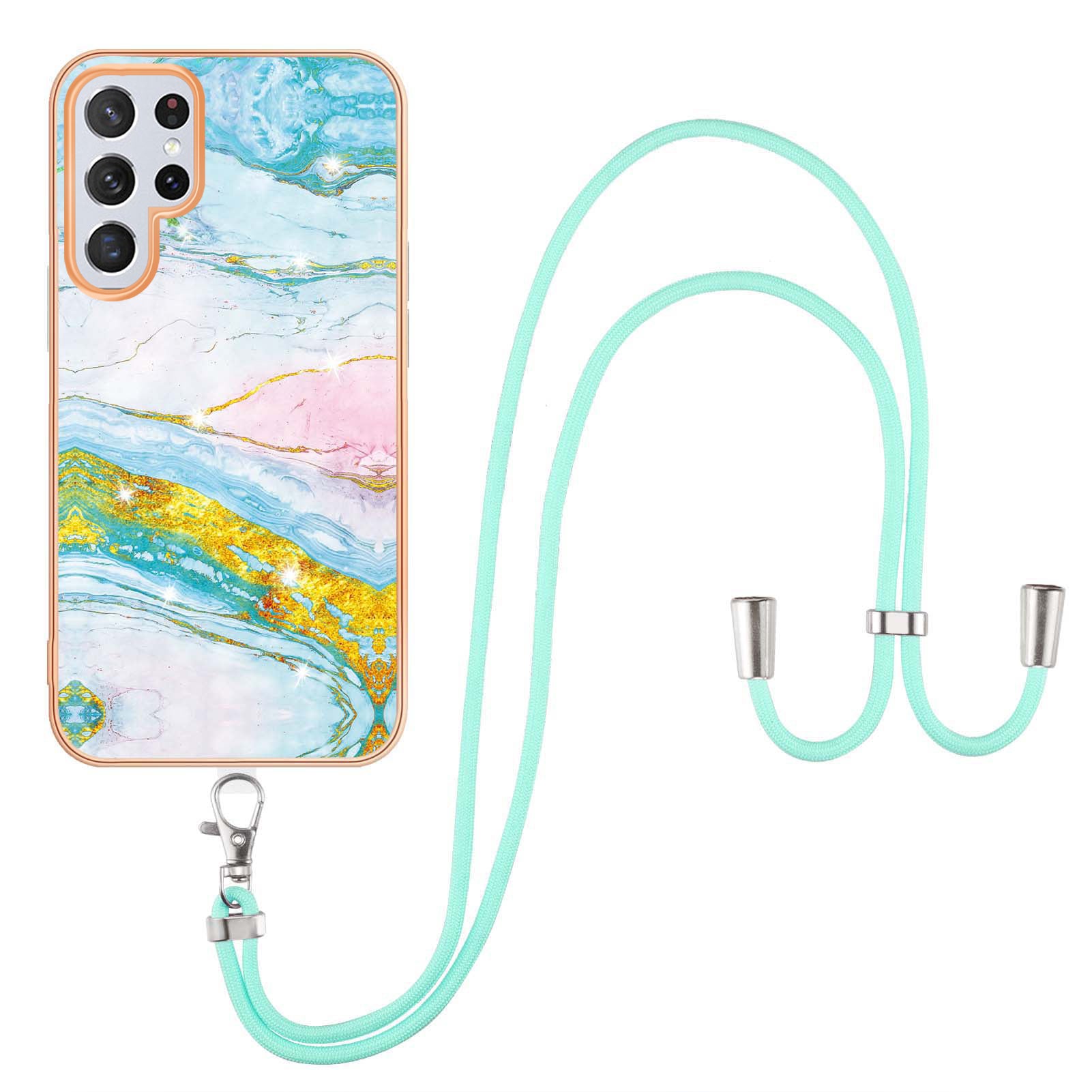 YB IMD Series-9 TPU Cell Phone Case For Samsung Galaxy S23 Ultra Marble Pattern Electroplating Frame IMD Anti-scratch Back Cover with Lanyard