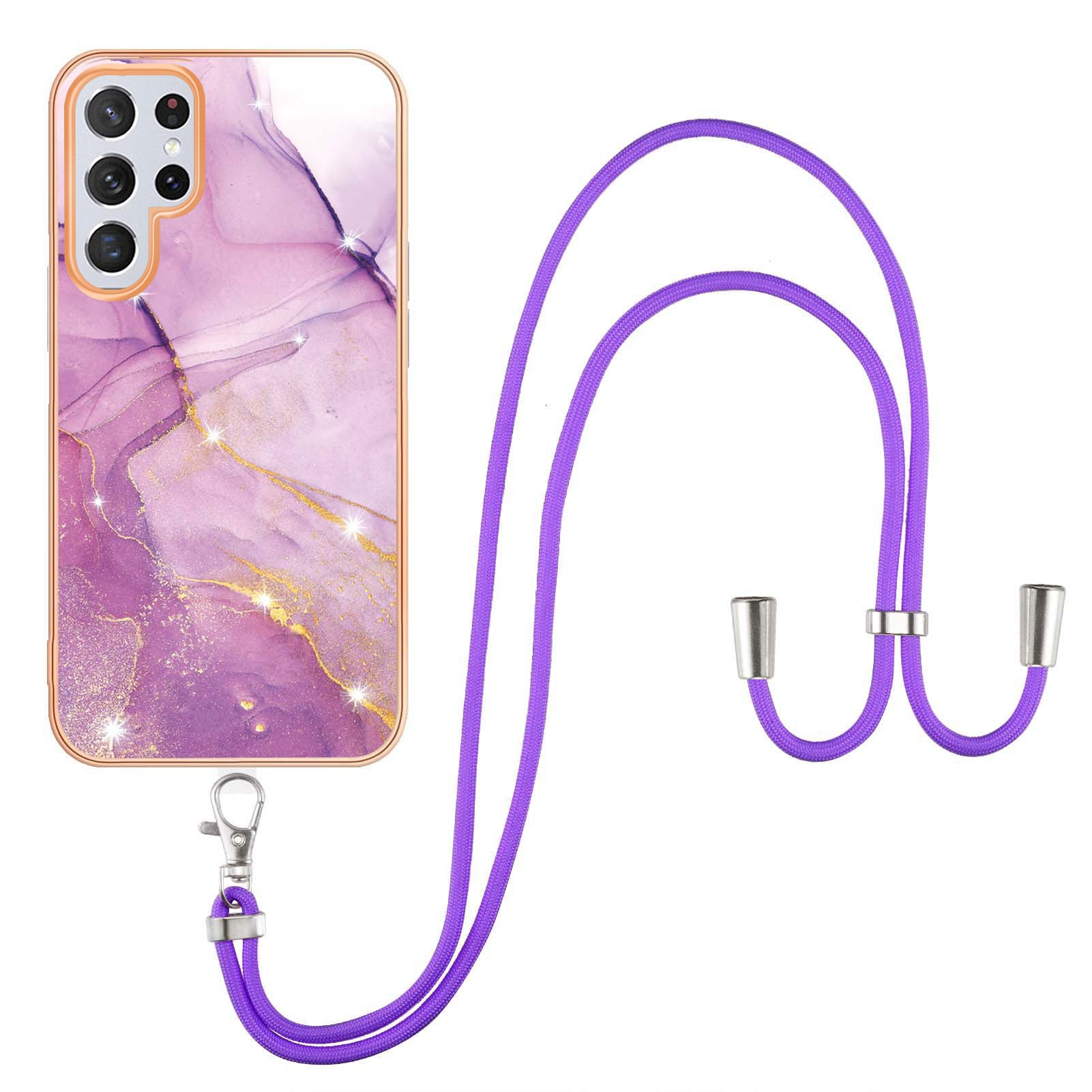YB IMD Series-9 TPU Cell Phone Case For Samsung Galaxy S23 Ultra Marble Pattern Electroplating Frame IMD Anti-scratch Back Cover with Lanyard