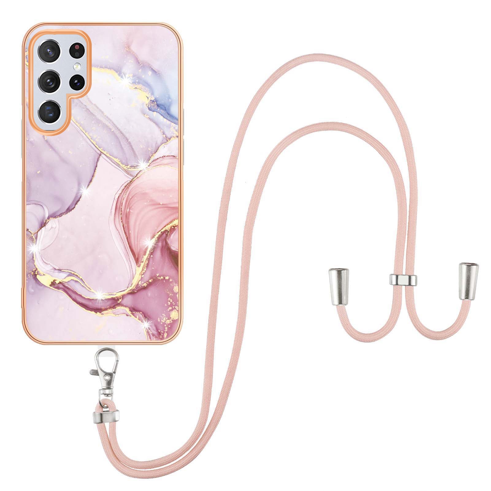 YB IMD Series-9 TPU Cell Phone Case For Samsung Galaxy S23 Ultra Marble Pattern Electroplating Frame IMD Anti-scratch Back Cover with Lanyard