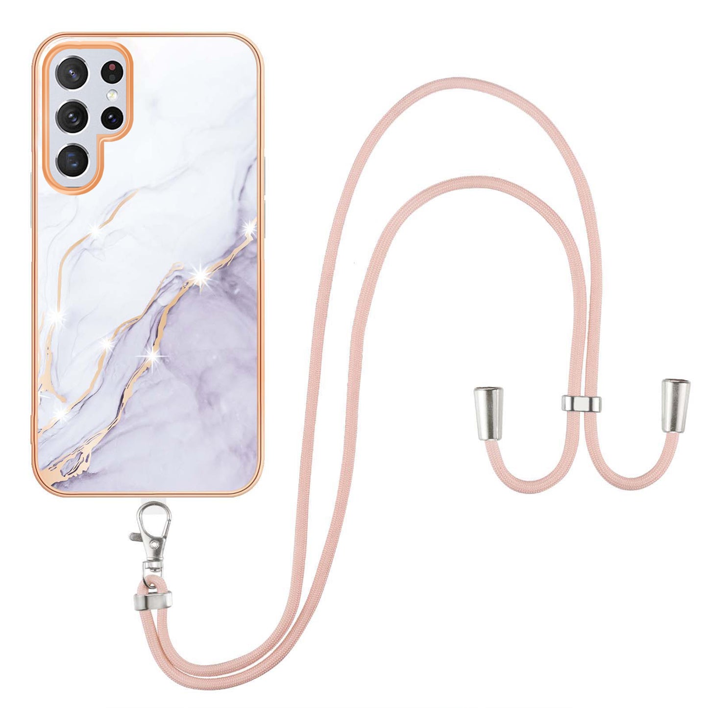 YB IMD Series-9 TPU Cell Phone Case For Samsung Galaxy S23 Ultra Marble Pattern Electroplating Frame IMD Anti-scratch Back Cover with Lanyard