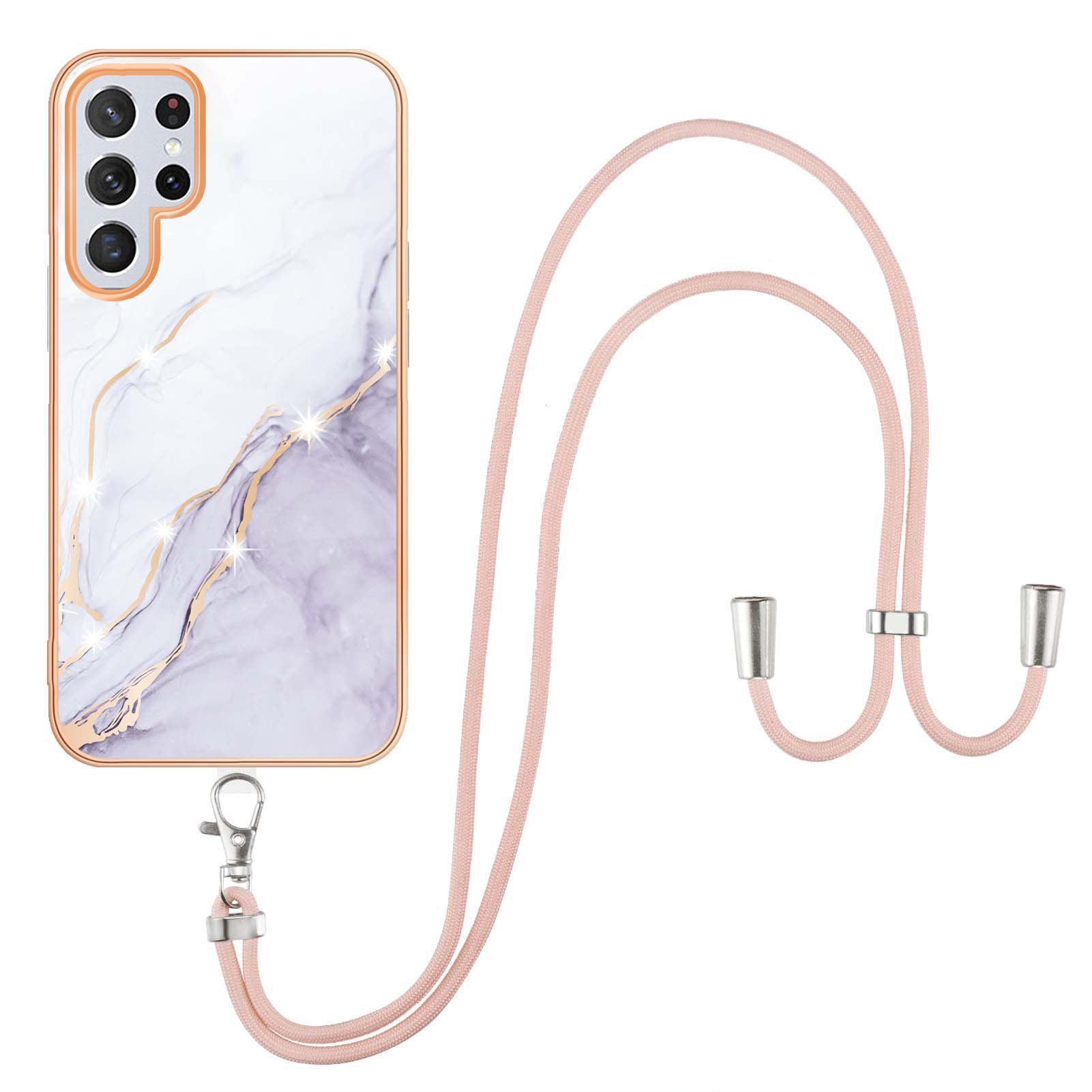 YB IMD Series-9 TPU Cell Phone Case For Samsung Galaxy S23 Ultra Marble Pattern Electroplating Frame IMD Anti-scratch Back Cover with Lanyard