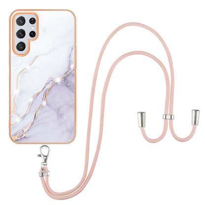 YB IMD Series-9 TPU Cell Phone Case For Samsung Galaxy S23 Ultra Marble Pattern Electroplating Frame IMD Anti-scratch Back Cover with Lanyard