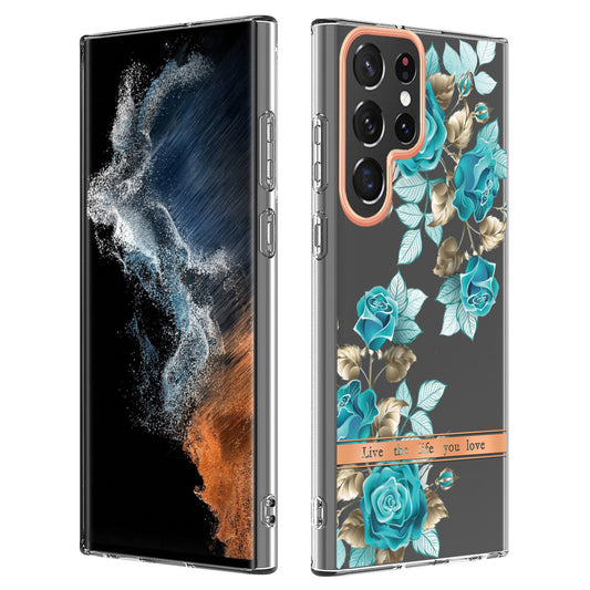 YB IMD-8 Series for Samsung Galaxy S23 Ultra Flower Floral Pattern IMD Phone Case Soft TPU Electroplating Slim Anti-scratch Smartphone Cover