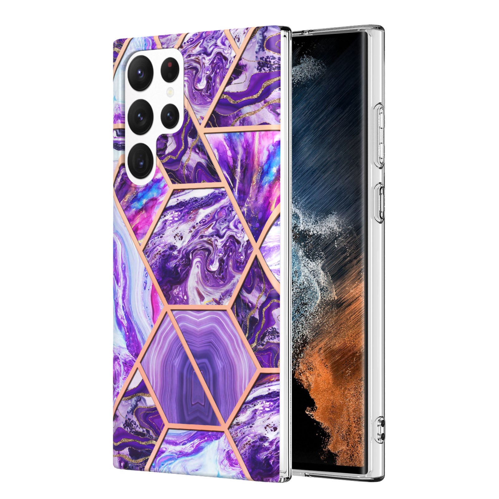 YB IMD Series-3 Soft TPU Phone Case for Samsung Galaxy S23 Ultra 5G, Scratch Proof Marble Pattern IMD IML Double-sided Electroplating Protective Cover