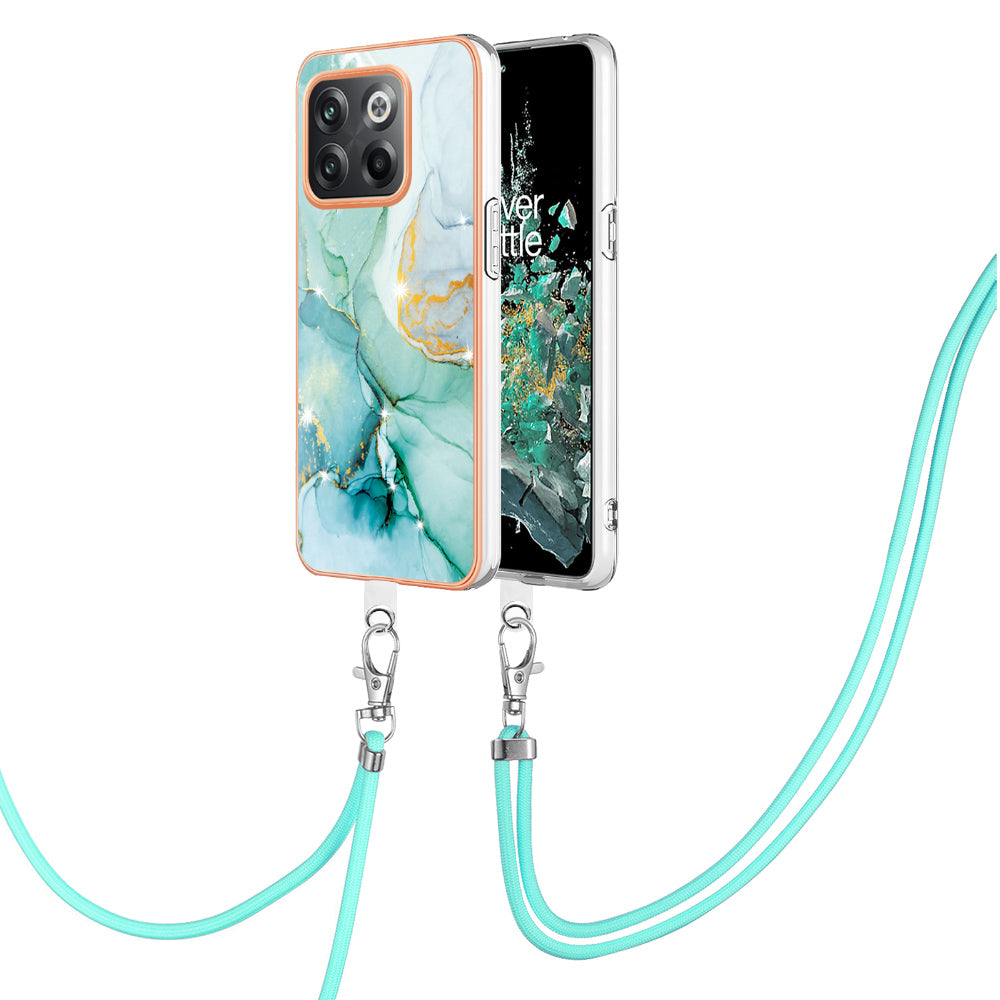 For OnePlus 10T 5G / Ace Pro 5G YB IMD Series-9 Marble Pattern Scratch-Resistant Case Electroplating Frame Soft TPU IMD Phone Cover with Lanyard